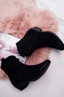 Damskie Botki Kowbojki Zamszowe Czarne Ferders