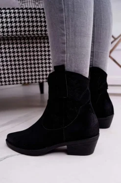 Damskie Botki Kowbojki Zamszowe Czarne Ferders