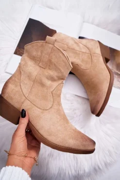 Damskie Botki Kowbojki Zamszowe Beżowe Ferders