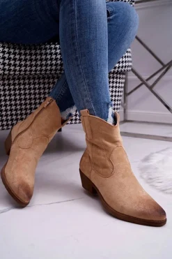 Damskie Botki Kowbojki Zamszowe Beżowe Ferders