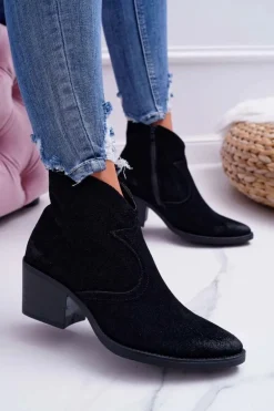 Damskie Botki Kowbojki Zamszowe Czarne Barski 1638