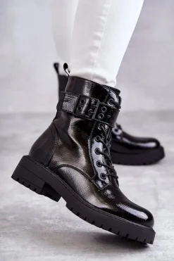 Damskie Botki Lakierowane Sznurowane Na Płaskim Obcasie Czarne Firmina