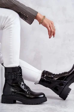 Damskie Botki Lakierowane Sznurowane Na Płaskim Obcasie Czarne Firmina