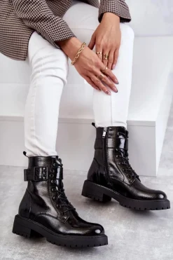 Damskie Botki Lakierowane Sznurowane Na Płaskim Obcasie Czarne Firmina