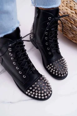 Damskie Botki Lu Boo Czarne Workery z Ćwiekami Tension