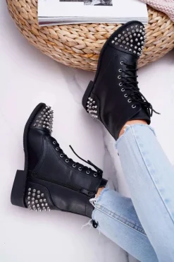 Damskie Botki Lu Boo Czarne Workery z Ćwiekami Tension