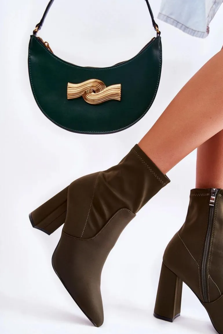 Damskie Botki Materiałowe Na Obcasie Khaki Amile