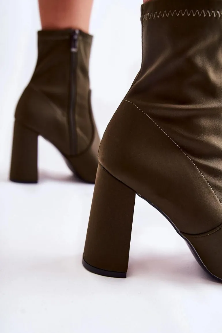 Damskie Botki Materiałowe Na Obcasie Khaki Amile