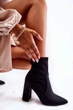 Damskie Botki Materiałowe Na Obcasie Czarne Amile