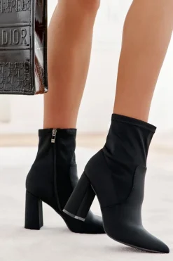 Damskie Botki Materiałowe Na Obcasie Czarne Amile
