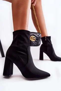 Damskie Botki Materiałowe Na Obcasie Czarne Amile