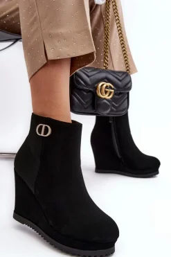 Damskie Botki Na Koturnie Z Małą Ozdobą Czarne Bertolina