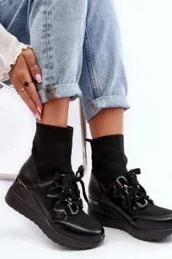 Damskie Botki Na Koturnie Ze Skarpetą Czarne Helladina