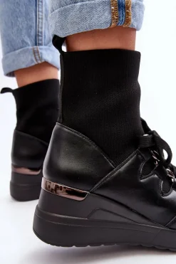 Damskie Botki Na Koturnie Ze Skarpetą Czarne Helladina