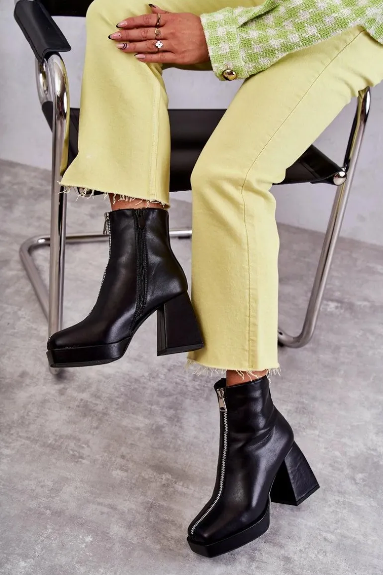 Damskie Botki Na Masywnym Obcasie Z Suwakiem Czarne Carrera