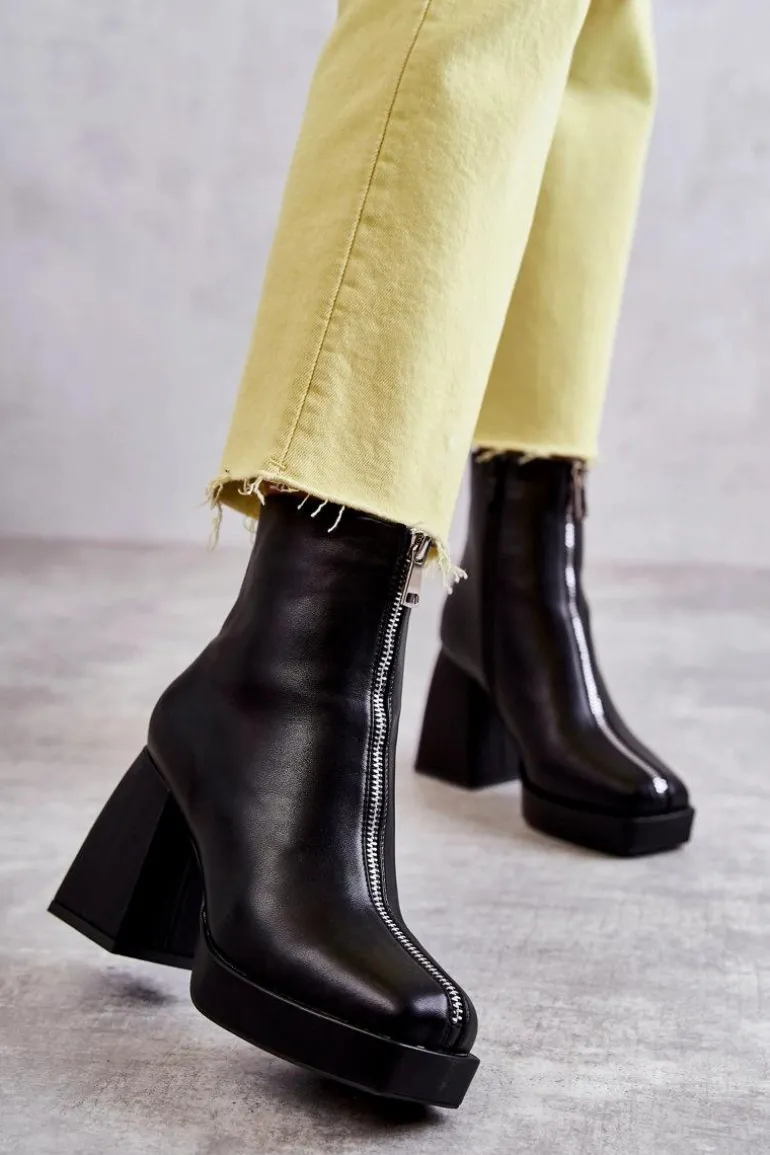 Damskie Botki Na Masywnym Obcasie Z Suwakiem Czarne Carrera