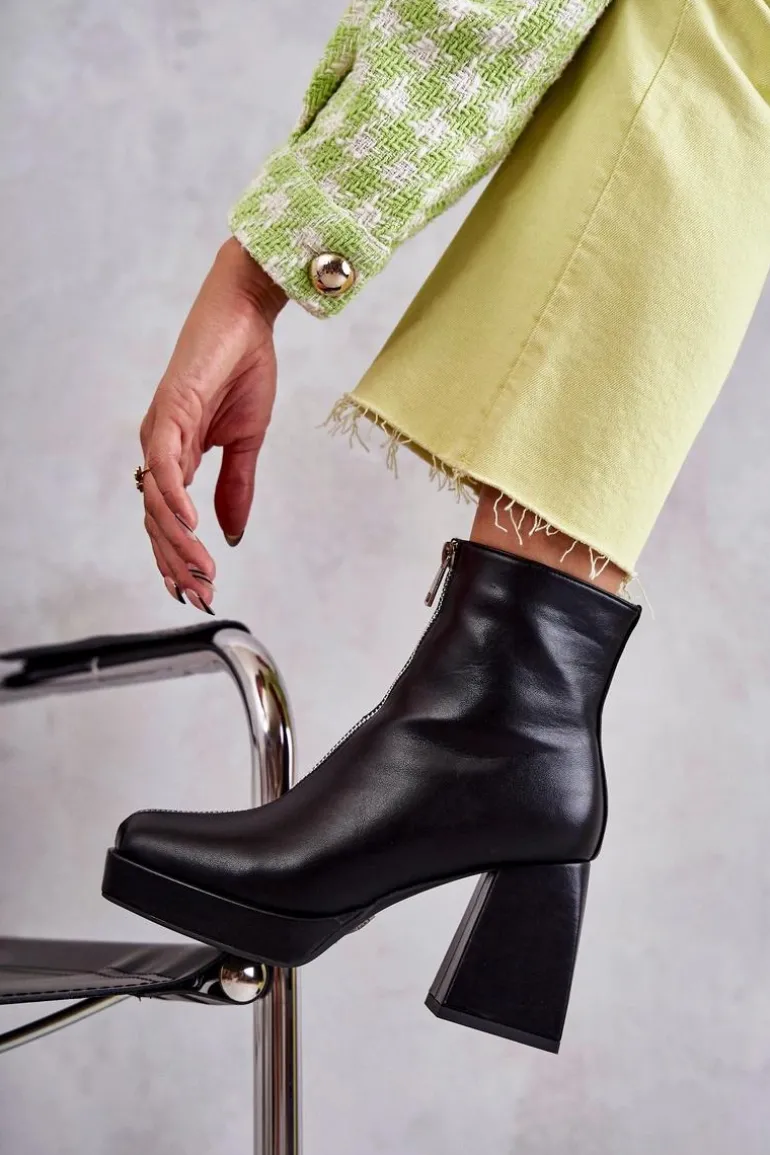 Damskie Botki Na Masywnym Obcasie Z Suwakiem Czarne Carrera