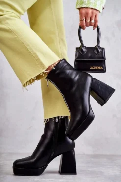 Damskie Botki Na Masywnym Obcasie Z Suwakiem Czarne Carrera