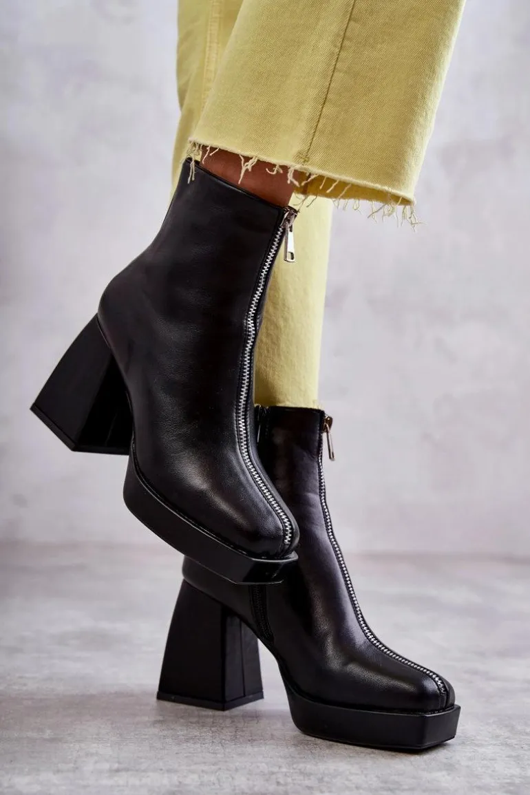 Damskie Botki Na Masywnym Obcasie Z Suwakiem Czarne Carrera