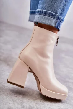 Damskie Botki Na Masywnym Obcasie Z Suwakiem Beżowe Carrera