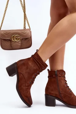 Damskie Botki Na Niskim Obcasie Sznurowane Brązowe Serellia