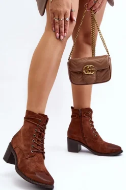 Damskie Botki Na Niskim Obcasie Sznurowane Brązowe Serellia