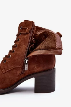 Damskie Botki Na Niskim Obcasie Sznurowane Brązowe Serellia