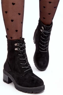 Damskie Botki Na Niskim Obcasie Sznurowane Czarne Adinail