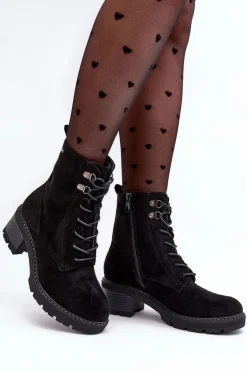 Damskie Botki Na Niskim Obcasie Sznurowane Czarne Adinail
