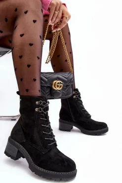 Damskie Botki Na Niskim Obcasie Sznurowane Czarne Adinail