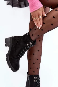 Damskie Botki Na Niskim Obcasie Sznurowane Czarne Adinail