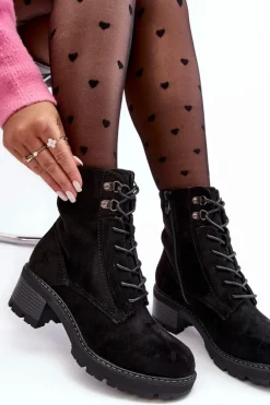 Damskie Botki Na Niskim Obcasie Sznurowane Czarne Adinail