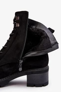 Damskie Botki Na Niskim Obcasie Sznurowane Czarne Adinail