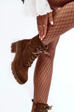 Damskie Botki Na Niskim Obcasie Sznurowane Brązowe Adinail