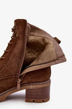 Damskie Botki Na Niskim Obcasie Sznurowane Brązowe Adinail