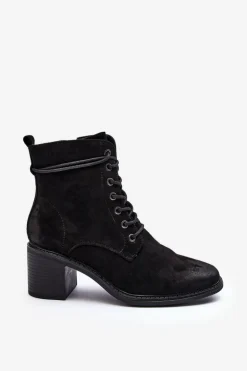 Damskie Botki Na Niskim Obcasie Sznurowane Czarne Serellia