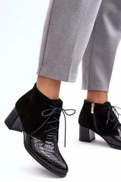 Damskie Botki Na Niskim Słupku Wężowy Wzór Czarne Ebba