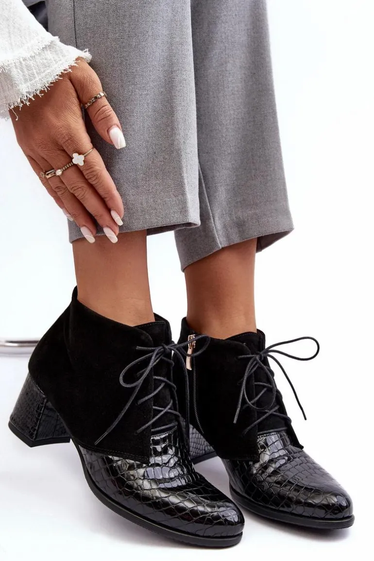 Damskie Botki Na Niskim Słupku Wężowy Wzór Czarne Ebba