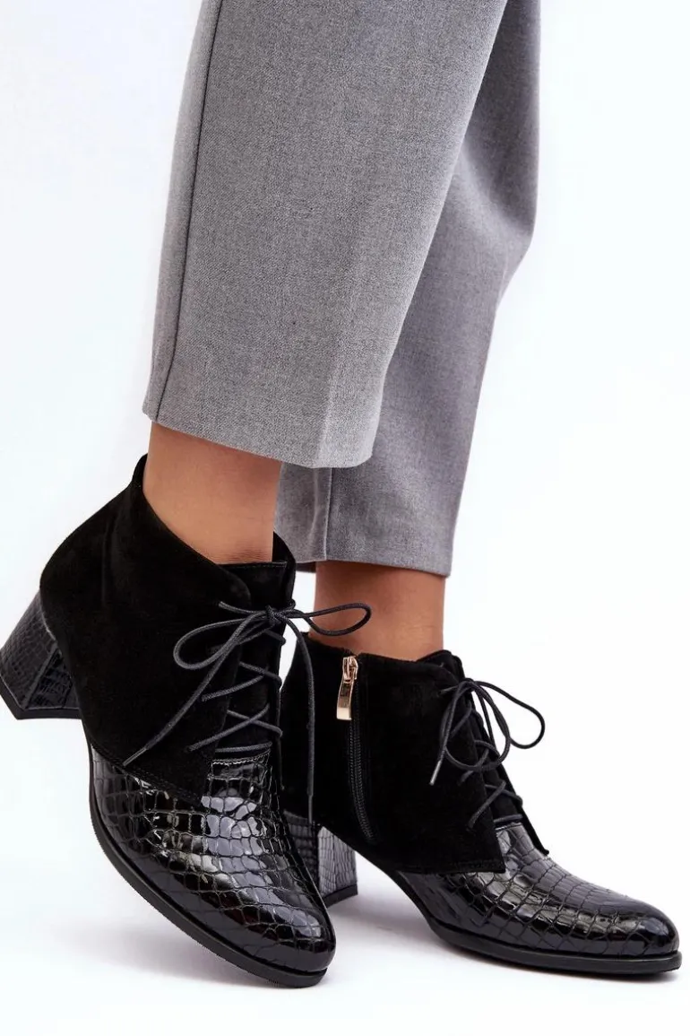 Damskie Botki Na Niskim Słupku Wężowy Wzór Czarne Ebba