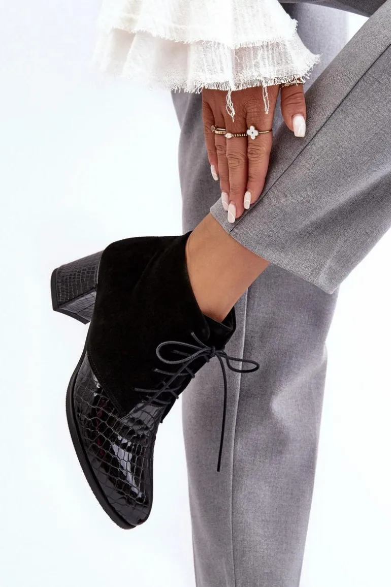 Damskie Botki Na Niskim Słupku Wężowy Wzór Czarne Ebba