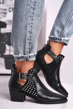 Damskie Botki Na Obcasie Klamra Czarne Rontra