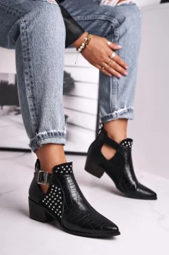 Damskie Botki Na Obcasie Klamra Czarne Rontra
