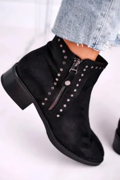 Damskie Botki Na Obcasie Nity Czarne Control