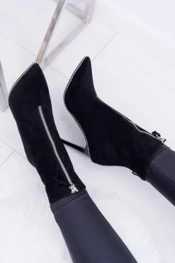 Damskie Botki Na Obcasie Lu Boo Dwa Suwaki Zamszowe Czarne Suzy