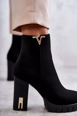 Damskie Botki Na Obcasie Z Ozdobą Czarne Teruko