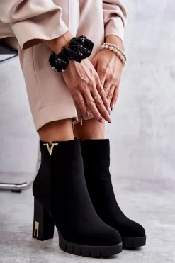 Damskie Botki Na Obcasie Z Ozdobą Czarne Teruko