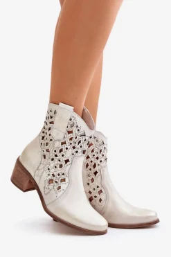 Damskie Botki Na Obcasie Z Ażurowym Wzorem Lewski 3394/2 Złote Przecierane