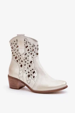 Damskie Botki Na Obcasie Z Ażurowym Wzorem Lewski 3394/2 Złote Przecierane