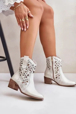 Damskie Botki Na Obcasie Z Ażurowym Wzorem Lewski 3394/2 Złote Przecierane