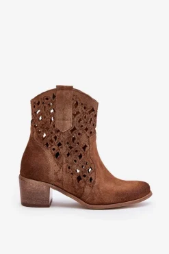 Damskie Botki Na Obcasie Z Ażurowym Wzorem Lewski 3394/2 Brązowe